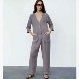 Womens NWOT Zara Gray Lillian Linen Button Front Jumpsuit Size Small